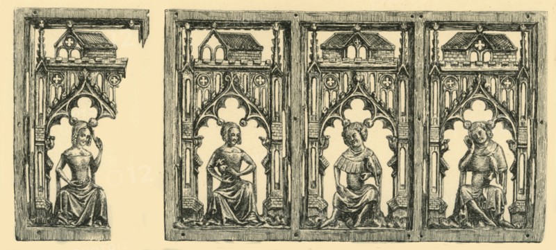 Knights and Ladies Seated under Canopies, pierced ivory panel, mid-late 14th century, (1881).  Creator: Frederick Albert Slocombe.