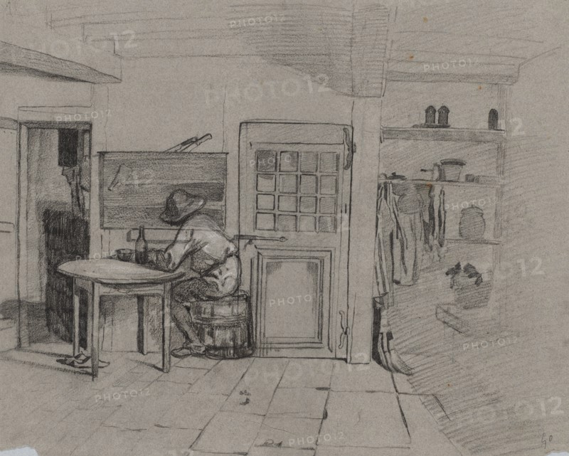 A Farmhouse Interior with a Boy at a Table, c. 1846. Creator: Alexandre-Gabriel Decamps (French, 1803-1860).