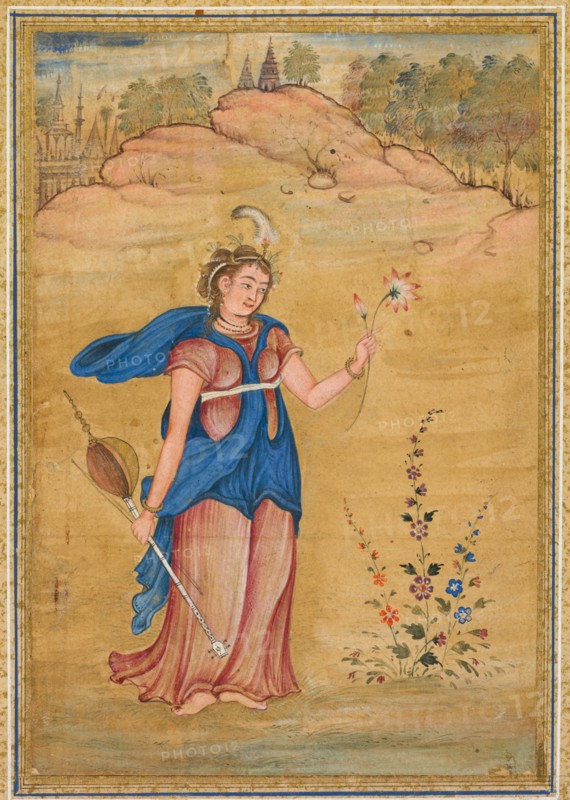 A female figure standing in a landscape holding a four-stringed "khuuchir" and a lotus, c. 1590. Creator: Unknown.