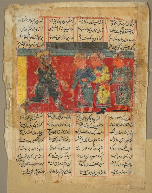 A King Receiving Three Men, page from the Khamsa of Amir Khusrau Dihlavi, 1450-1500. Creator: Unknown.