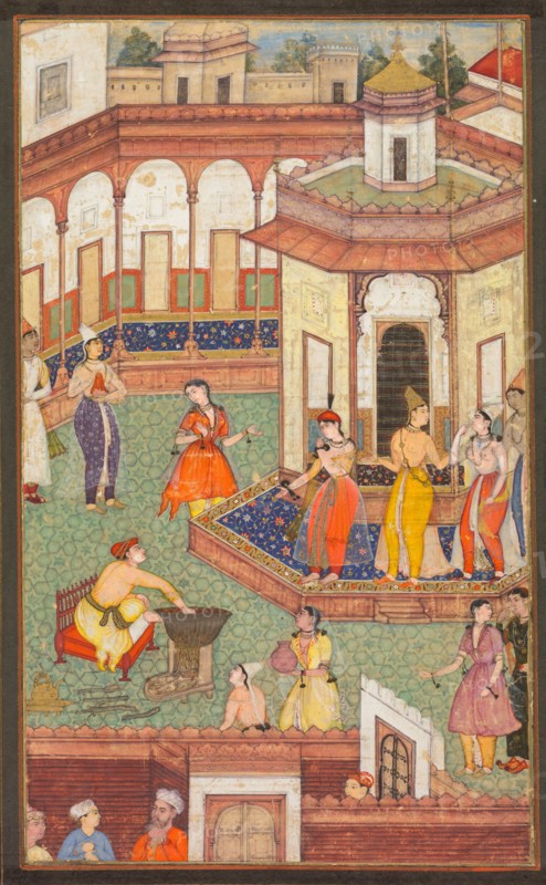 A Man Dips His Hand into a Cauldron as Ladies of the Harem Stand in Amazement..., c. 1600. Creator: Unknown.