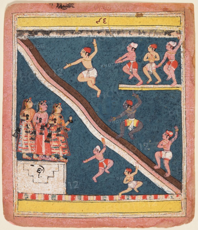 A page from Rasikapriya of Kesava Das: Krishna and the Gopas Dive into a pond, c. 1640. Creator: Unknown.