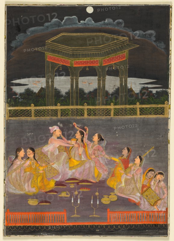 A prince celebrating Holi with palace women on a terrace at night; verso: calligraphy of a quatrain, Creator: Unknown.