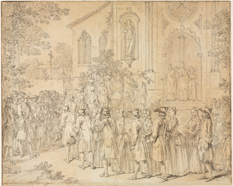A Procession Entering a Church, 1700s. Creator: Hubert François Bourguignon Gravelot (French, 1699-1773).
