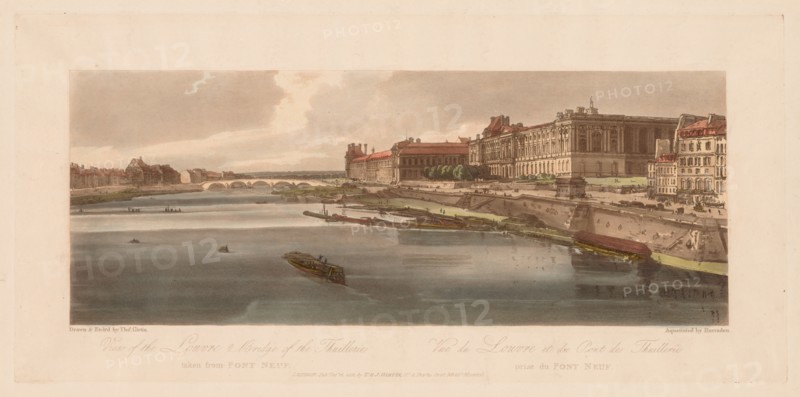 A Selection of Twenty of the Most Picturesque Views in Paris: View of the Louvre & Bridge?, 1802. Creator: Thomas Girtin (British, 1775-1802); J.B. Harraden (British).