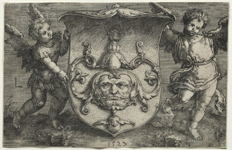 A Shield Bearing a Mask Supported by Two Genii, 1527. Creator: Lucas van Leyden (Dutch, 1494-1533).