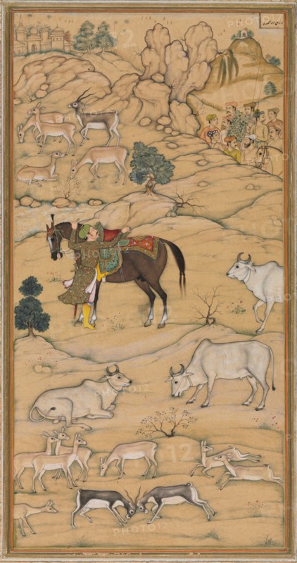 Akbar Mounting his Horse; page from the Chester Beatty Akbar Nama (History of Akbar), 1605-07. Creator: Sur Das Gujarati (Indian, active 16th century), attributed to.