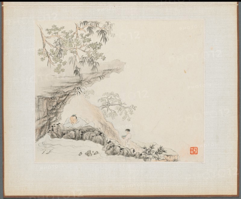 Album of Landscape Paintings Illustrating Old Poems: A Man Lies under a Rocky Overhang?, 1700s. Creator: Hua Yan (Chinese, 1682-about 1765).