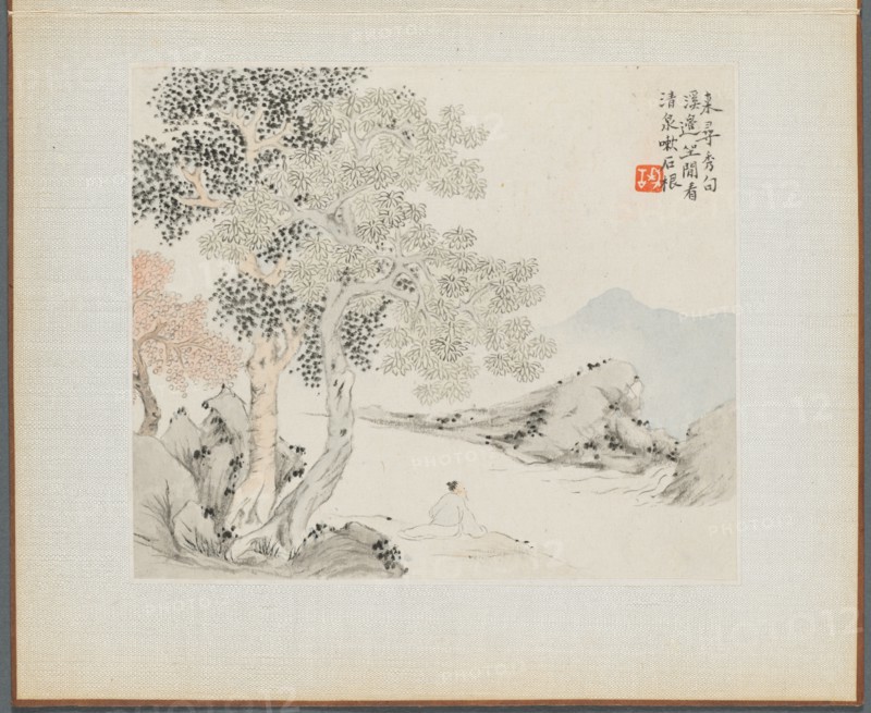 Album of Landscape Paintings Illustrating Old Poems: Three Big Trees, a Stream..., 1700s. Creator: Hua Yan (Chinese, 1682-about 1765).