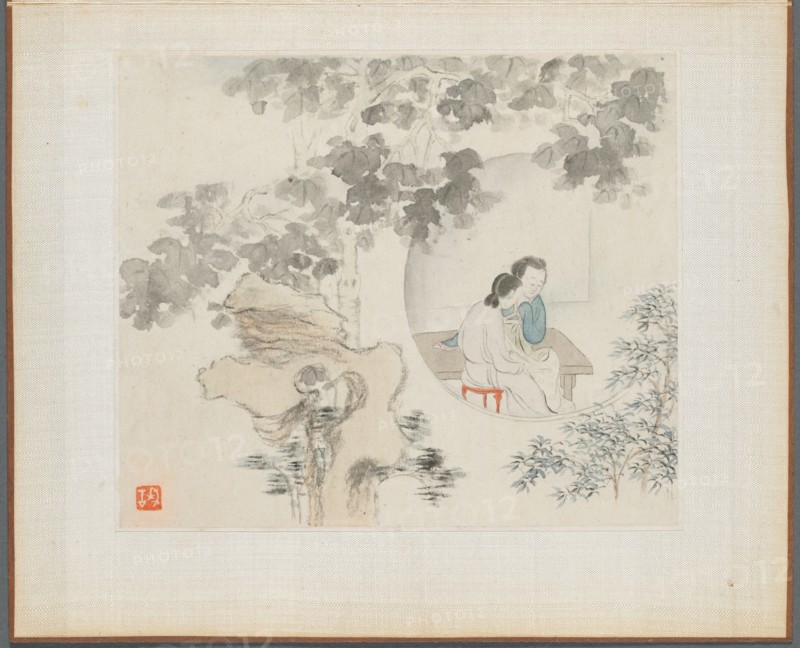 Album of Landscape Paintings Illustrating Old Poems: Two Women Sit at a Table..., 1700s. Creator: Hua Yan (Chinese, 1682-about 1765).