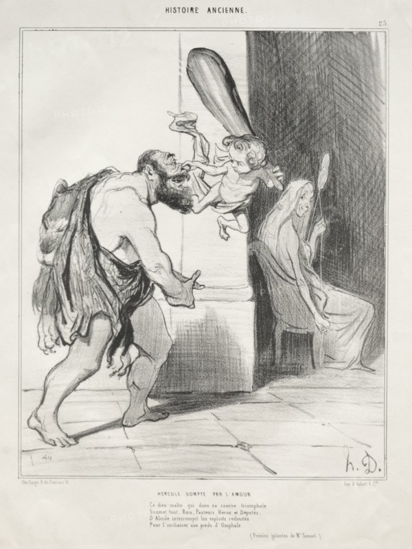 Ancient History, plate 25: Hercules Subdued by Cupid, 18 September 1842. Creator: Honoré Daumier (French, 1808-1879); Aubert.