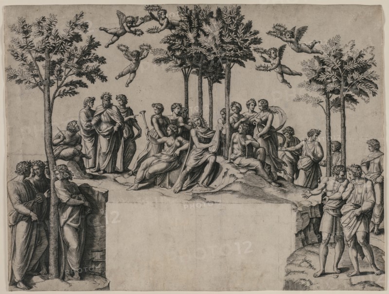Apollo on Parnassus, c. 1517-1520. Creator: Marcantonio Raimondi (Italian, 1470/82-1527/34).