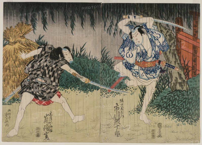 Arashi Rikan II as Kizu Kansuke; Ichikawa Ebijuro II as Horiguchi Manzaemon, 1829. Creator: Shigenao (Japanese); Utagawa Kunihiro (Japanese).