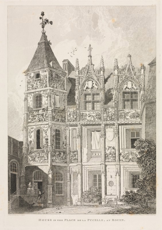 Architectural Antiquities of Normandy (Vol. II), Pl. 64: House in the Place de la Pucelle, at Rouen, Creator: John Sell Cotman (British, 1782-1842); J & A Arch, Cornhill & J.S. Cotman.