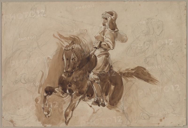 Armored Figure on Horseback (recto), c. 1828. Creator: Eugène Delacroix (French, 1798-1863).