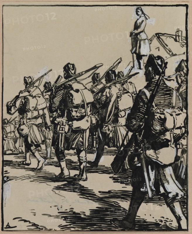 Bataille des frontières: groupe des soldats britanniques, 1914. Creator: Auguste Louis Lepère (French, 1849-1918).