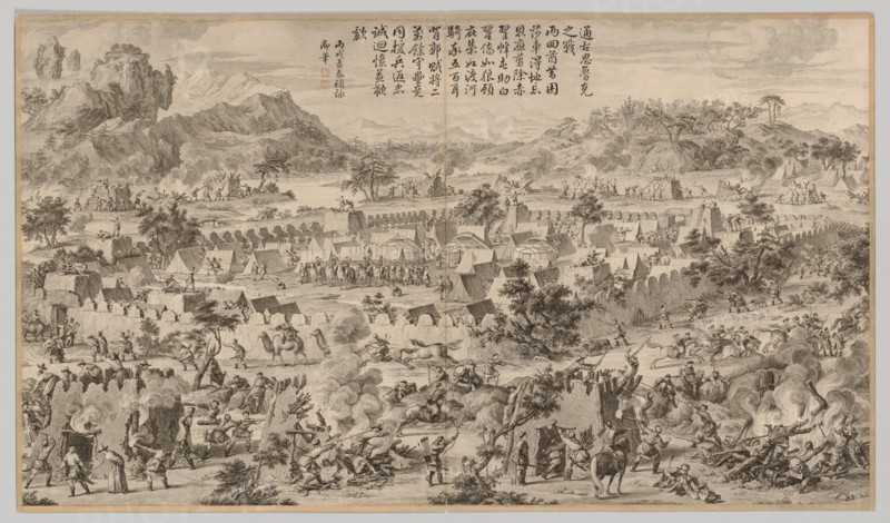 Battle at Tunggushi Luke: from Battle Scenes of the Quelling of the Rebellions..., c. 1765-1774. Creator: Unknown.
