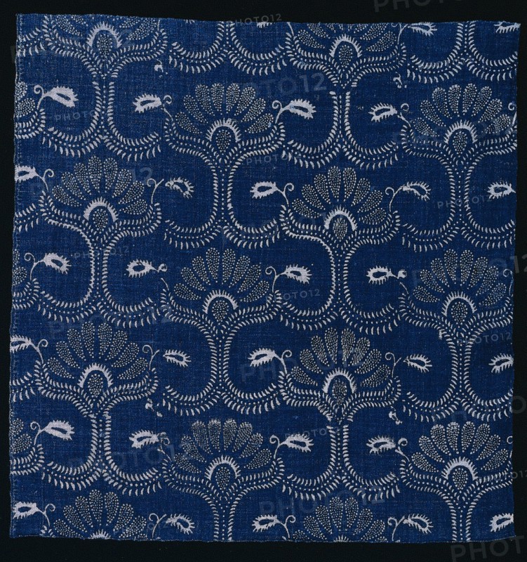 Blue Indigo Resist Print with Stylized Leaf Design, 1790. Creator: Unknown.