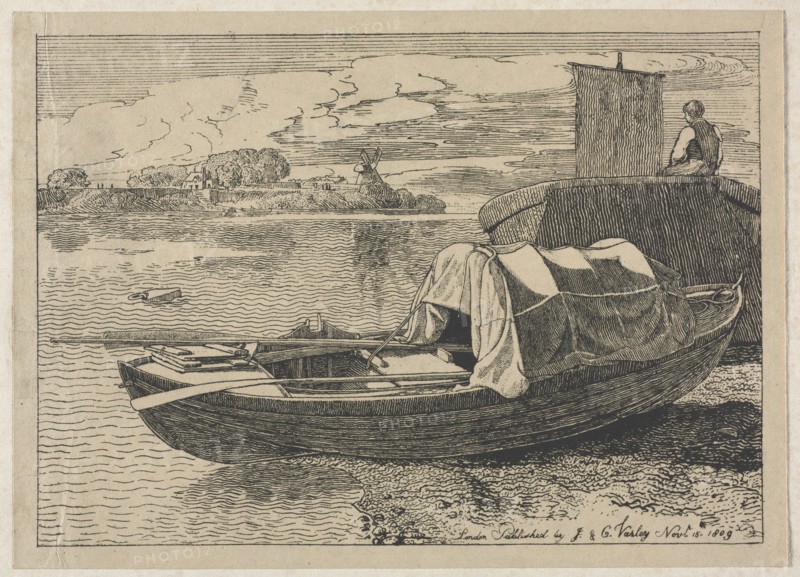 Boats on a River, Windmill in Distance, 1809. Creator: Cornelius Varley (British, 1781-1873).