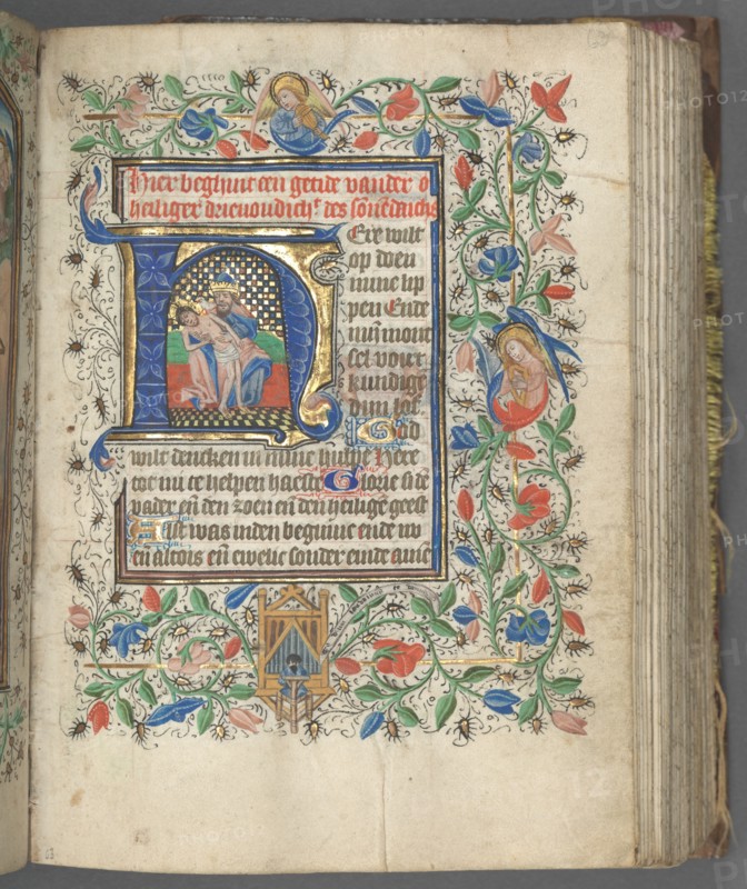 Book of Hours (Use of Utrecht): fol. 63r, Initial with Holy Trinity, c. 1460-1465. Creator: Master of Gijsbrecht van Brederode (Netherlandish); Master of the Boston City of God (Netherlandish), and.