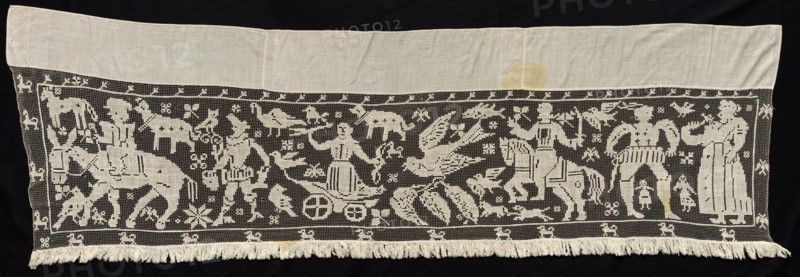 Border with Mounted and Standing Figures, Chariots, and Animals, 19th century. Creator: Unknown.