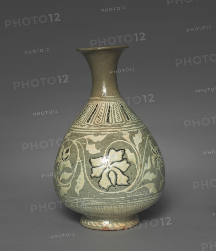 Bottle Inlaid with Peony and Scroll Design, 1400s. Creator: Unknown.