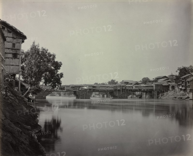 Bridge of Shops, Srinagar, Kashmir, 1864. Creator: Samuel Bourne (British, 1834-1912).