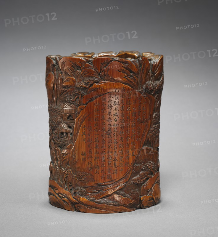 Brush Holder with Figures in Landscape and Poetic Inscription, 1700s. Creator: Unknown.