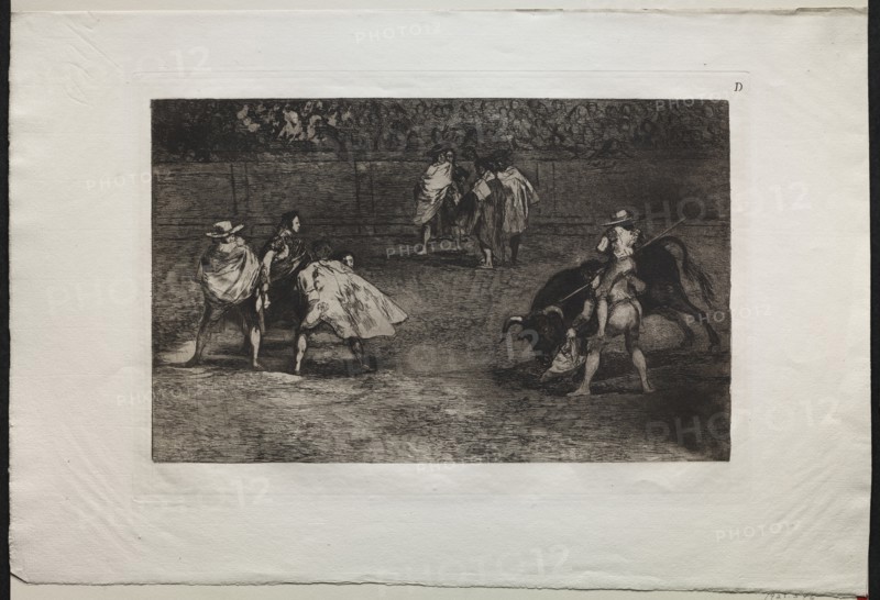 Bullfights: A Bullfighter Mounted on the Shoulders of an Assistant, Spearing a Bull, 1876. Creator: Francisco de Goya (Spanish, 1746-1828).