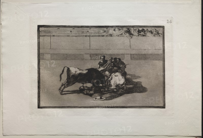 Bullfights: A Picador is Unhorsed and Falls Under the Bull, 1876. Creator: Francisco de Goya (Spanish, 1746-1828).