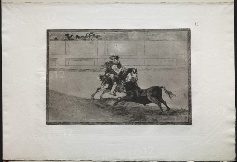 Bullfights: A Spanish Mounted Knight in the Ring Breaking Short Spears Without the Help..., 1876. Creator: Francisco de Goya (Spanish, 1746-1828).