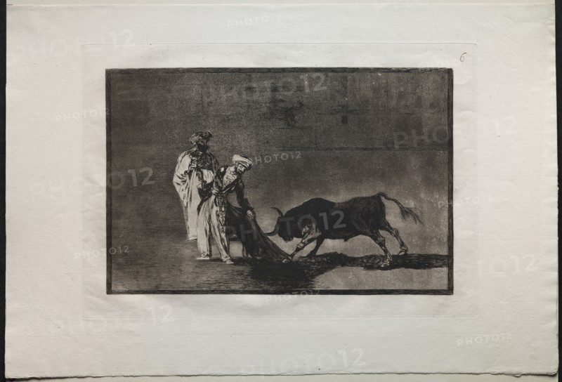 Bullfights: The Moors Make a Different Play in the Ring Calling the Bull with the Burnous, 1876. Creator: Francisco de Goya (Spanish, 1746-1828).