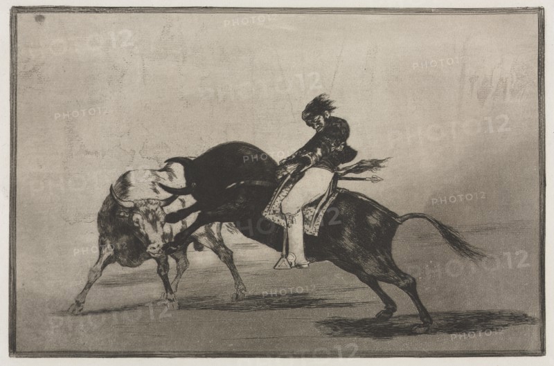 Bullfights: The Same Ceballos Mounted on Another Bull Breaks Short Spears in the Ring?, 1876. Creator: Francisco de Goya (Spanish, 1746-1828).