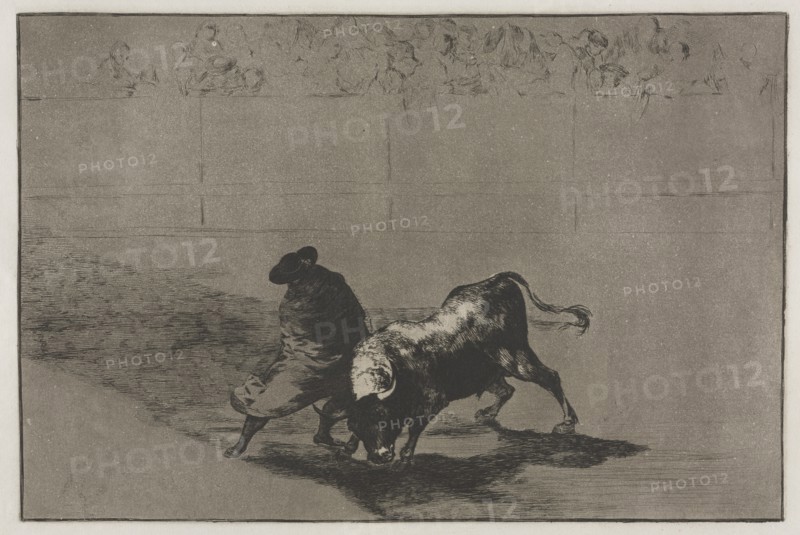 Bullfights: The Very Skilful Student of Falces, Wrapped in his Cape, Tricks the Bull..., 1876. Creator: Francisco de Goya (Spanish, 1746-1828).