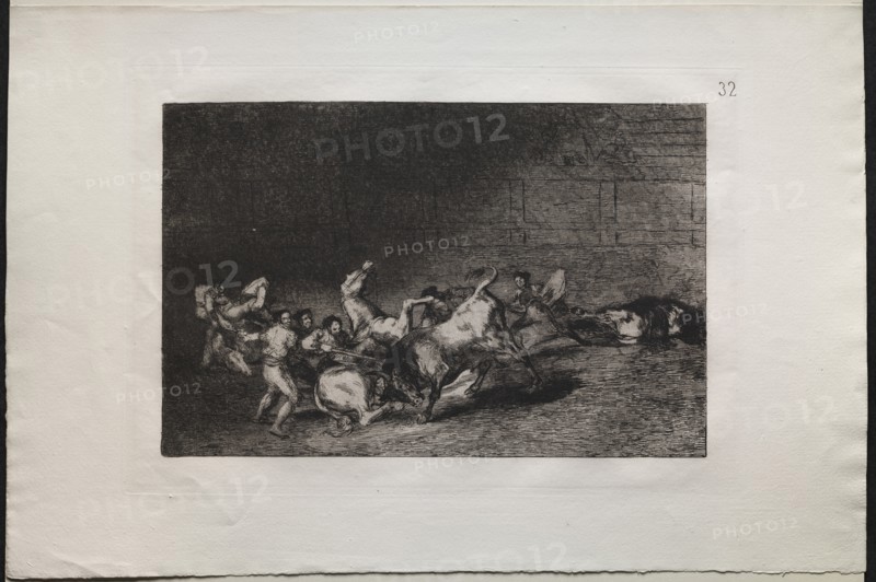 Bullfights: Two Teams of Picadors Thrown One After the Other by a Single Bull, 1876. Creator: Francisco de Goya (Spanish, 1746-1828).