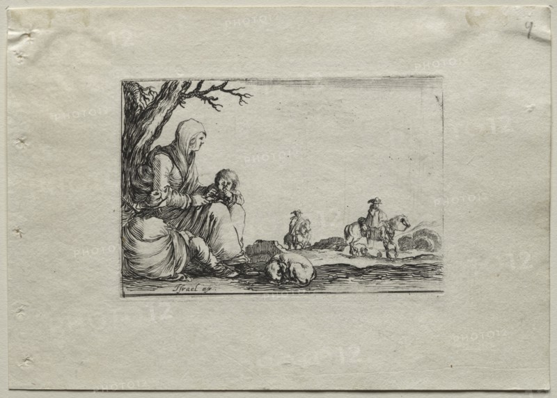 Caprices: Seated Beggar Woman with Two Children. Creator: Stefano Della Bella (Italian, 1610-1664).