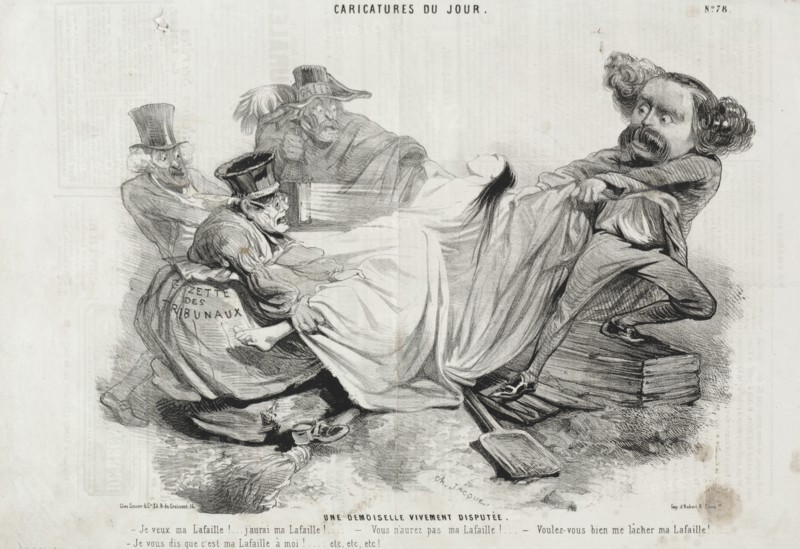Caricature du Jour: No. 78, Un Demoisellevivement diisputée. Creator: Charles-Émile Jacque (French, 1813-1894).