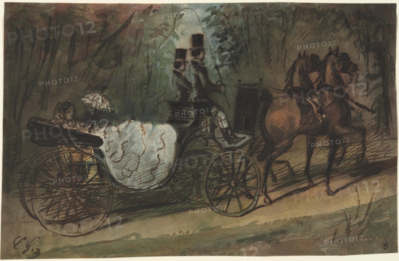 Carriage in the Bois de Boulogne, 1800s. Creator: Constantin Guys (French, 1805-1892).