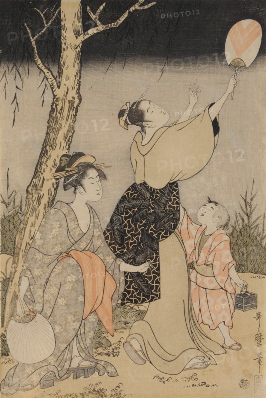 Catching Fireflies Beneath a Willow Tree (left), c. 1796-1797. Creator: Kitagawa Utamaro (Japanese, 1753?-1806).