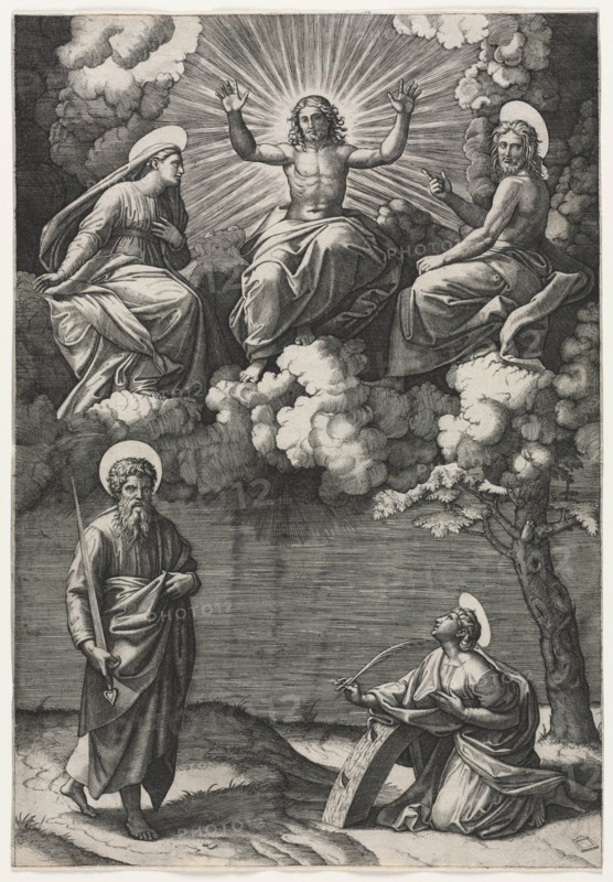 Christ, the Virgin, and St. John the Baptist with Saints Paul and Catherine, c. 1520-1525. Creator: Marcantonio Raimondi (Italian, 1470/82-1527/34).