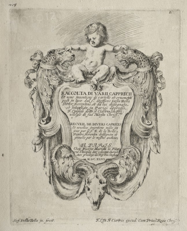 Collection of Various Caprices and New Designs of Cartouches and Ornaments: No 1, Title Page. Creator: Stefano Della Bella (Italian, 1610-1664).