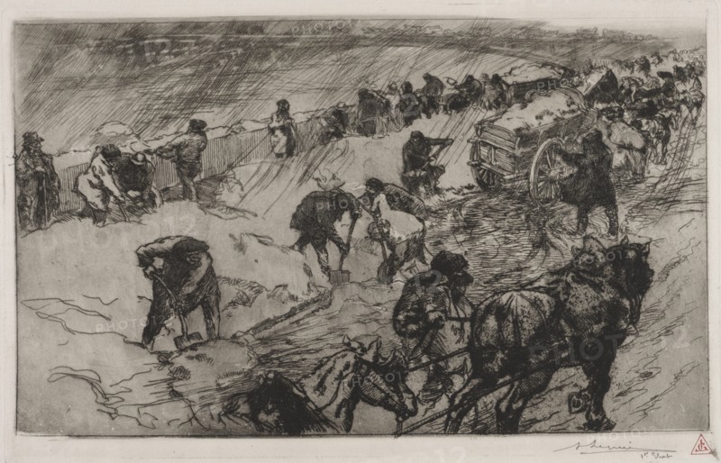 Combat contre la Neige, Quai aux Fleurs, 1890. Creator: Auguste Louis Lepère (French, 1849-1918).