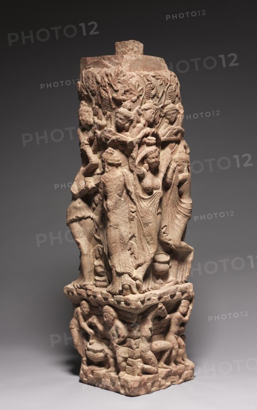 Corner Railing Pillar with Drinking Scenes, Yakshis, and Musicians, 100s. Creator: Unknown.