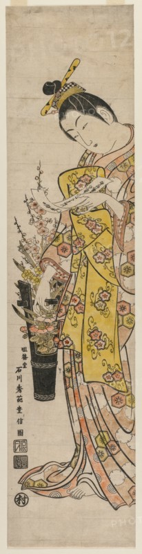 Courtesan Reading a Poem Slip Tied to Flowers in a Vase, mid-1740s. Creator: Ishikawa Toyonobu (Japanese, 1711-1785).