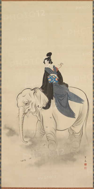 Courtesan Riding an Elephant (Parody of the Bodhisattva Fugen), 19th century. Creator: Kuwagata Keisai (Japanese, 1764-1824).