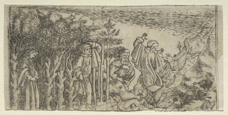 Dante Lost in the Wood: Escaping and Meeting Virgil, Canto I, 1481. Creator: Baccio Baldini (Italian, c. 1436-1487).