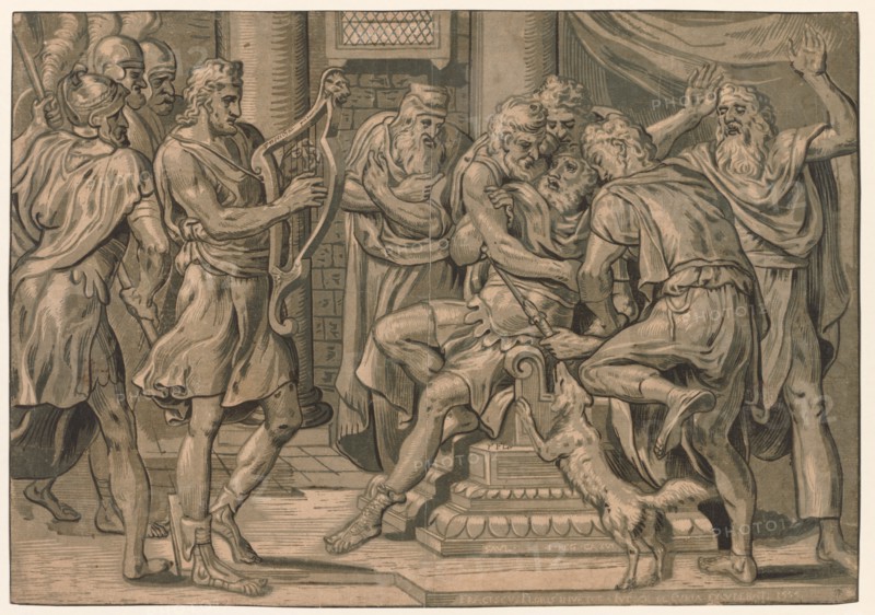 David Playing the Harp before Saul, 1555. Creator: Frans Floris (Dutch, 1519-1570).