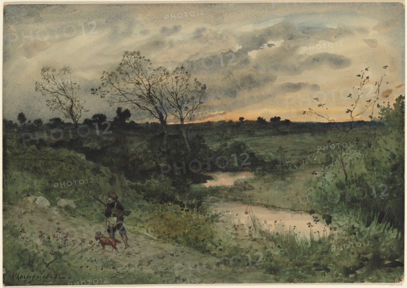 Dawn--Hunter with Dog, 1882. Creator: Henri Joseph Harpignies (French, 1819-1916).