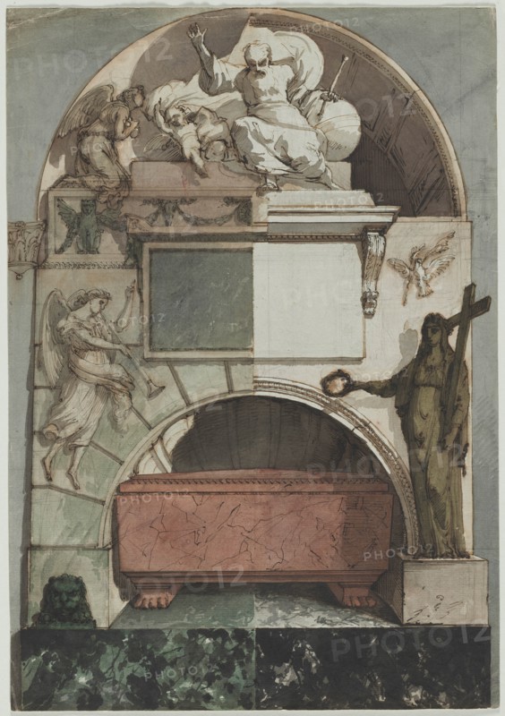 Design for a Fresco of an Artist's Tomb in the Certosa of Bologna (recto)..., c. 1810-1820. Creator: Pietro Fancelli (Italian, 1764-1850).