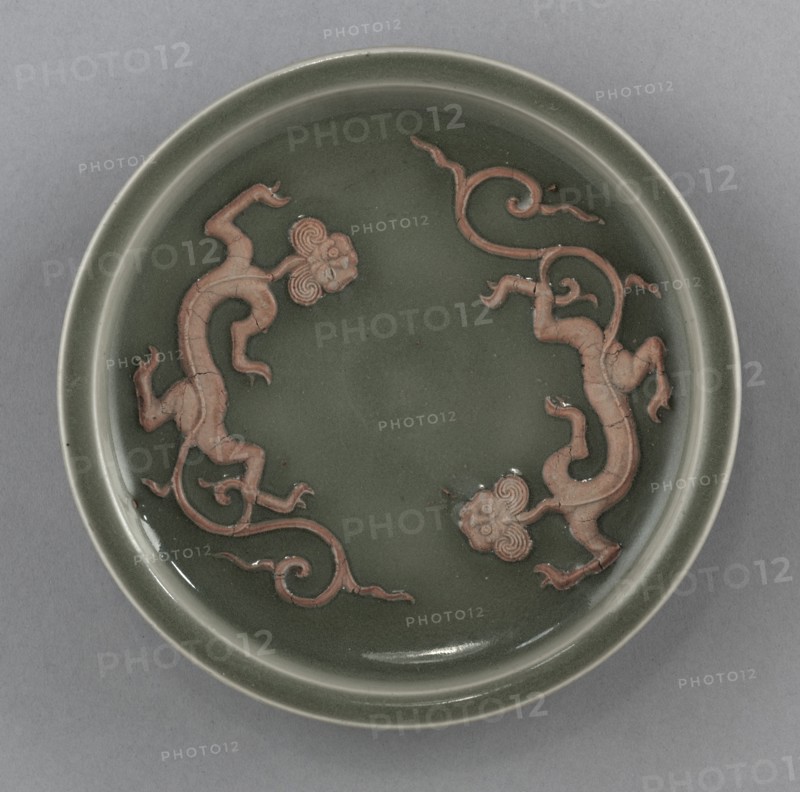 Dish with Two Dragons in Relief: Longquan Ware, 14th Century. Creator: Unknown.